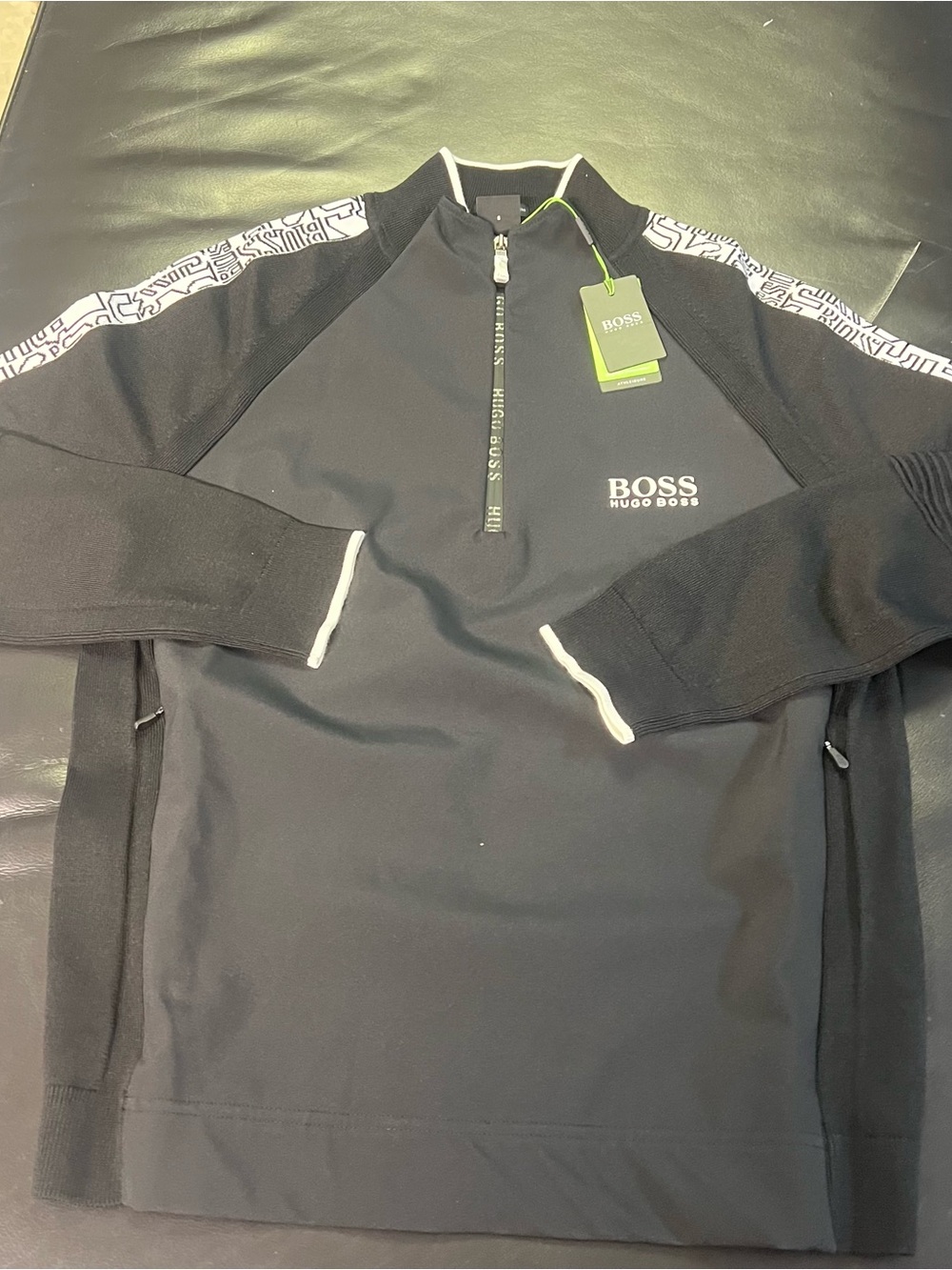 Hugo Boss Black half zip sweater with White Trim and Shoulder Tape
